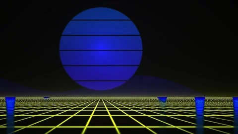 Retro Synthwave Digital Landscape with Glowing Blue Sphere and Moving Grid. Stock Footage 341808142