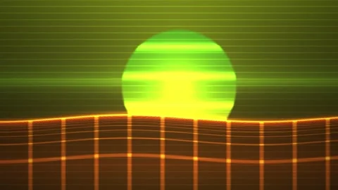 Retro Synthwave Digital Landscape with Glowing Green Sun and Moving Grid. Stock Footage 341808159