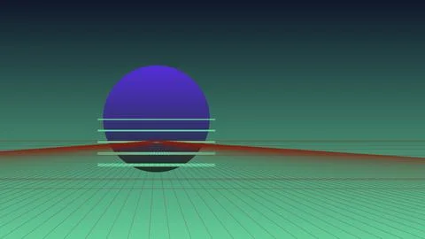 Retro Synthwave Digital Landscape with Large Purple Sun and 80s Style Neon .. イラスト素材
