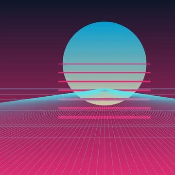 Retro Synthwave Digital Landscape with Neon Grid and Glowing Sun Background Stock Illustration