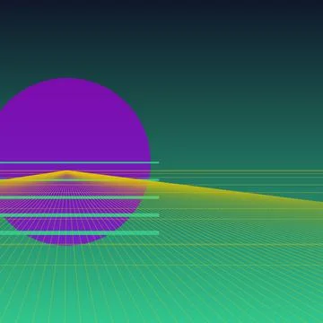 Retro synthwave digital landscape with purple sun and yellow perspective gr.. Stock Illustration