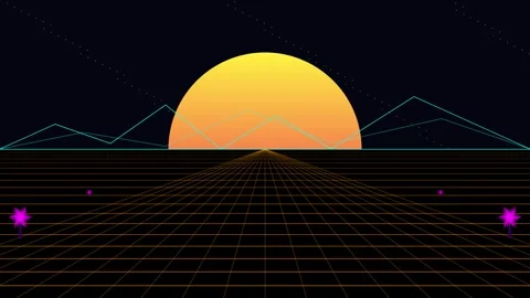 Retro synthwave grid animation with moving sunset and mountains Stock Footage 345013941