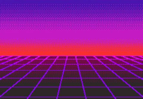 Retro synthwave grid background in pixels Stock Illustration