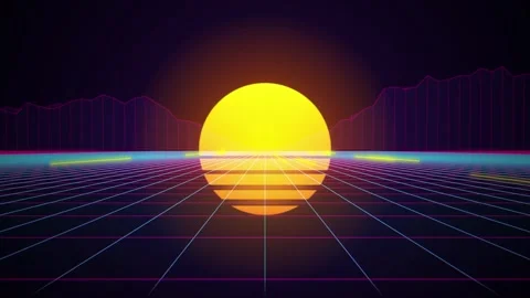 Retro synthwave grid flying toward glowing sun seamless loop Stock Footage 346332213