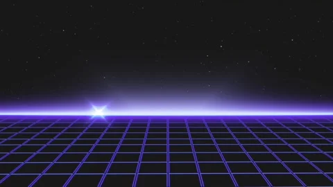Retro Synthwave grid horizon with glowing purple starburst, background loop Stock Footage 332857416