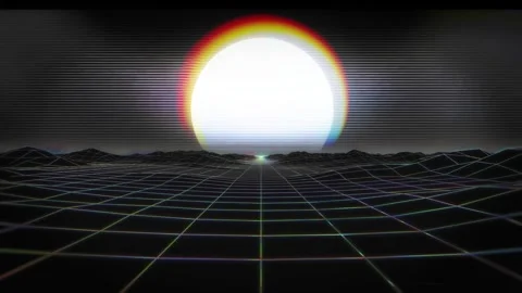 Retro Synthwave Grid Horizon with Glowing Sun and VHS CRT Scanline Glitch Stock Footage 344841909