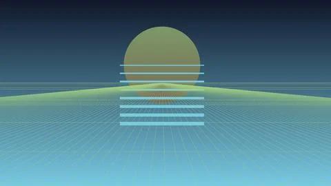 Retro Synthwave Grid Landscape with Digital Sun and Blue Gradient Cyberpunk.. イラスト素材