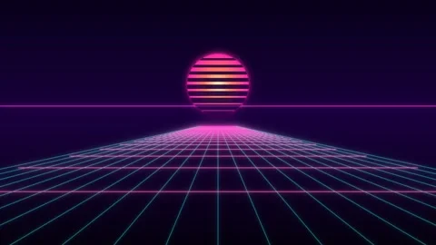 Retro synthwave grid landscape with a glowing neon sun Stock Footage 335940865