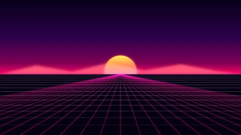 Retro Synthwave Grid Loop - Neon 80s Sunset Mountain Flythrough Backdrop Stock Footage 341786629