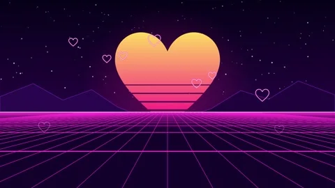 Retro synthwave heart sun on a scrolling neon grid horizon with stars 스톡 동영상 348622237