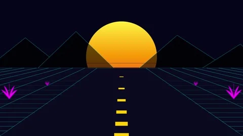 Retro synthwave landscape animation loop with sunset and grid Stock Footage 345013755