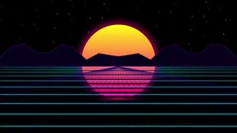 Retro synthwave landscape animation loop with sunset Видео 345285556