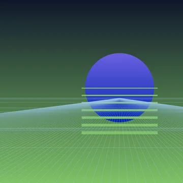Retro synthwave landscape with digital wireframe grid and neon sun aestheti.. Stock Illustration