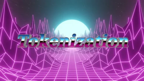 Retro synthwave landscape featuring digital tokenization text floating above Stock Footage 345129312