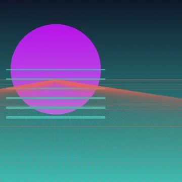 Retro synthwave landscape featuring a purple sun and neon wireframe grid pe.. Stock Illustration