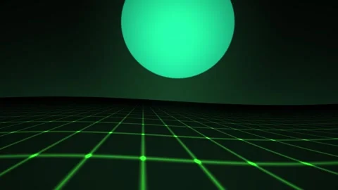 Retro synthwave landscape with glowing green sun and perspective grid. Stock Footage 334542054