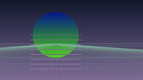 Retro Synthwave Landscape with Glowing Green Blue Sun and Digital Wireframe.. イラスト素材