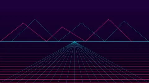Retro synthwave landscape with glowing mountains and a digital horizon grid Vidéo 336263241