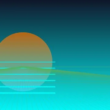 Retro synthwave landscape with glowing neon sun and perspective wireframe g.. Stock Illustration