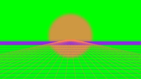 Retro synthwave landscape with a glowing orange sun over a green grid floor Stock Footage 340267111