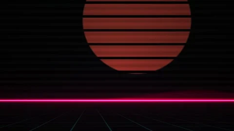 Retro synthwave landscape with a glowing red sun and neon horizon line. Stock Footage 334541631