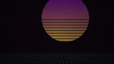 Retro synthwave landscape with a glowing sun and digital horizon. Stock Footage 334541960