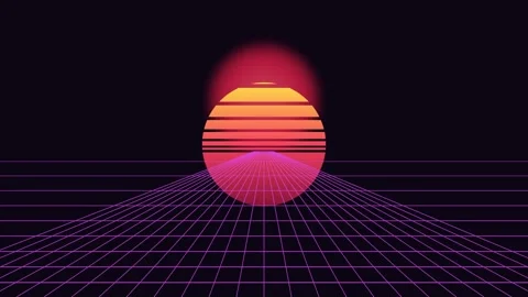 Retro synthwave landscape with a glowing sun over a digital grid horizon Stock Footage 338310075