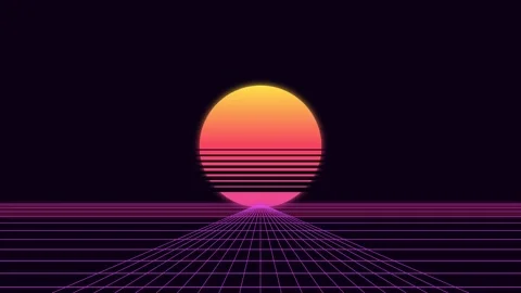 Retro synthwave landscape with a glowing sun over a digital grid horizon Stock Footage 339618403