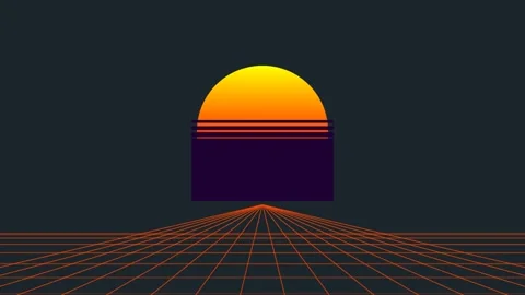 Retro synthwave landscape with a glowing sun and digital perspective grid Stock Footage 340267009