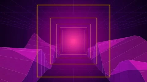 Retro synthwave landscape with glowing yellow square tunnel frames and movi.. Stock Footage 341427004