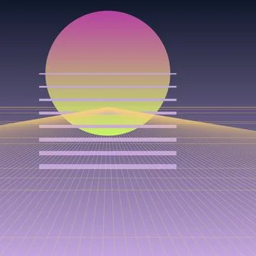 Retro synthwave landscape with neon sun and perspective wireframe grid in 8.. Stock Illustration