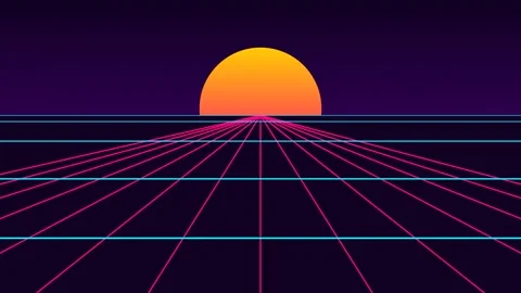 Retro synthwave landscape with a vibrant glowing sun over a digital grid Stock Footage 340903691