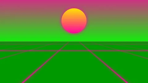 Retro synthwave landscape with a vibrant glowing sun over a digital grid Stock Footage 341838992