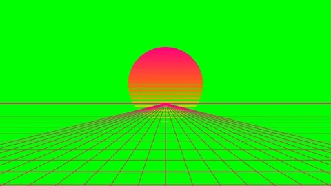 Retro synthwave landscape with a vibrant gradient sun on a green background Stock Footage 341821195