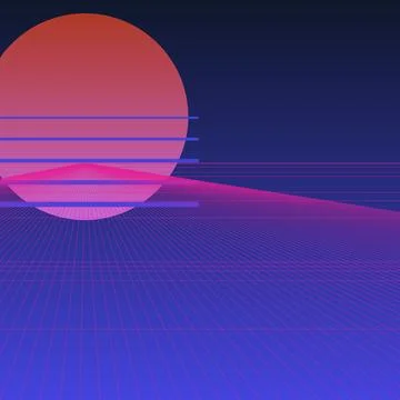 Retro synthwave landscape with vibrant neon sun and futuristic digital grid.. Stock Illustration
