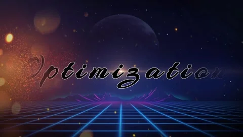 Retro synthwave landscape with while word Optimization animates view against 動画素材 344419239