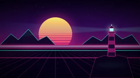 Retro synthwave lighthouse animation with rotating neon beam Vídeo Stock 347508264