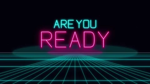 Retro synthwave neon "are you ready" text animation with glowing grid backg.. Vidéo 344851530
