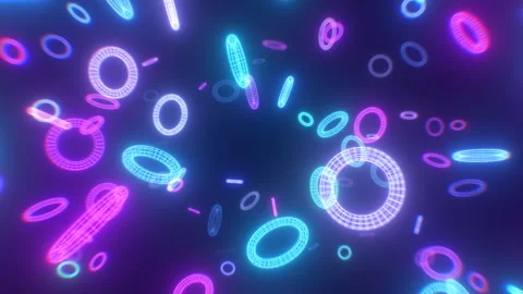 Retro Synthwave Neon Glowing Wireframe 3D Torus Shapes Fly At Camera Stock Footage 242509773