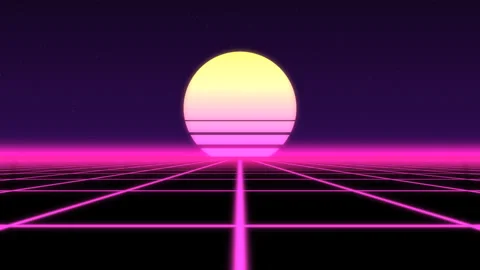 Retro synthwave neon grid floor with striped sunset sun, 4K loop 库存影片 346977959