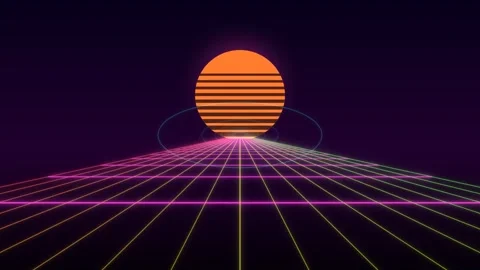 Retro synthwave neon grid landscape with stylized sunset Stock Footage 335941161
