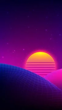 Retro synthwave neon landscape background with glowing sun and wireframe gr.. Illustrazione stock