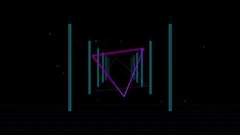 Retro synthwave neon triangle animation through vertical lines and dark spa.. Vidéo 344021913