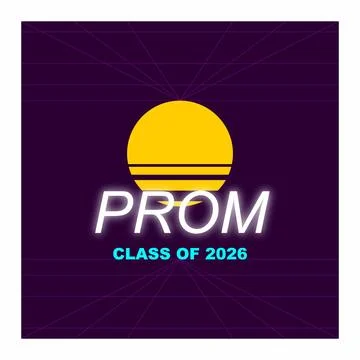 Retro synthwave prom class of 2026 graphic illustration on a dark purple ba.. Ilustração Stock