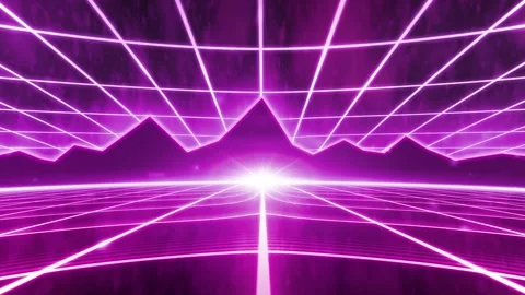 Retro Synthwave Purple Neon Grid Landscape with Mountains and Sun Stock Footage 341691987