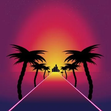 Retro synthwave retro design. Road to sunset Stock Illustration