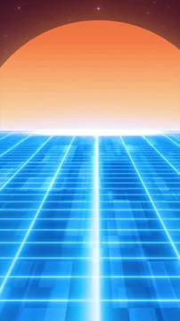 Retro synthwave scene with neon grid and huge sun on horizon, vaporwave fut.. Stock Illustration