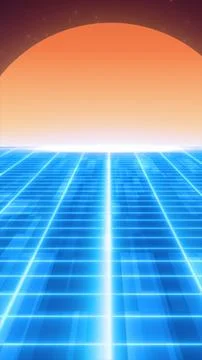 Retro synthwave scene with neon grid and huge sun on horizon, vaporwave fut.. Stock Illustration