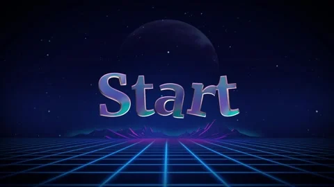 Retro synthwave start button glowing over digital grid landscape with neon Stock Footage 344636269
