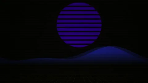 Retro Synthwave Style Animated Sun Setting Over Dark Minimalist Landscape. Stock Footage 341808093